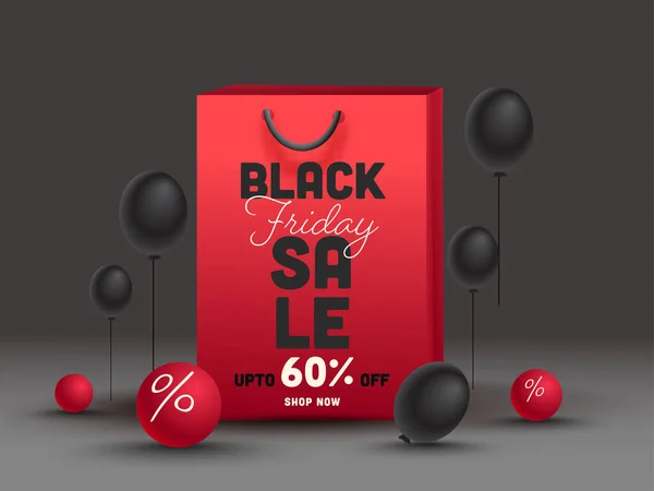 Cartel Diseño Venta Viernes Negro Con Descuento Bolsa Compras Roja — Vector de stock