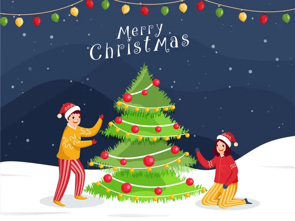 陽気な男の子と女の子は雪の上に装飾的なクリスマスツリーとウールの服を着てメリークリスマスのお祝いのための背景 — ストックベクタ