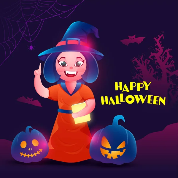 Boldog Halloween Szöveg Vidám Női Boszorkány Holding Book Jack Lámpások — Stock Vector
