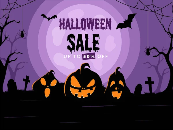Halloween Sale Poster Design Discount Offer Jack Lanterns Tombstones Bare — Stock Vector