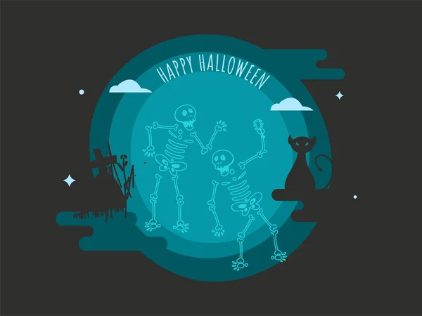 Happy Halloween Poster Design Skeletons Dancing Cat Tombstone Teal Dark — Stock Vector