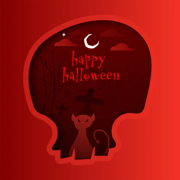 Feliz Halloween Texto Con Silueta Asustadizo Gato Noche Cementerio Vista — Vector de stock