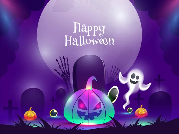 Gradient Light Effect Jack Lanterns Met Cartoon Ghost Eyeballs Skeleton — Stockvector