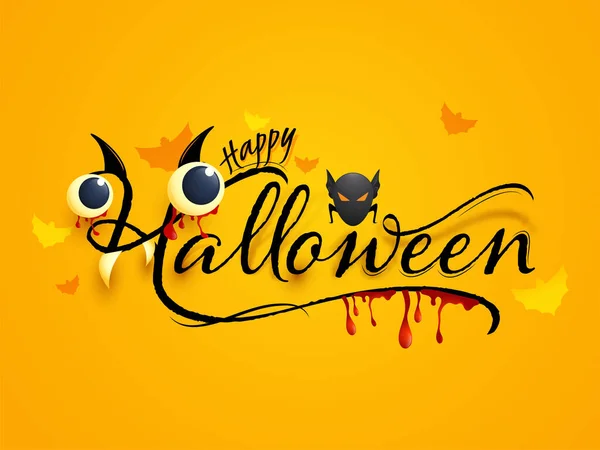 Happy Halloween Font Con Bulbi Oculari Denti Gocce Sangue Pipistrelli — Vettoriale Stock