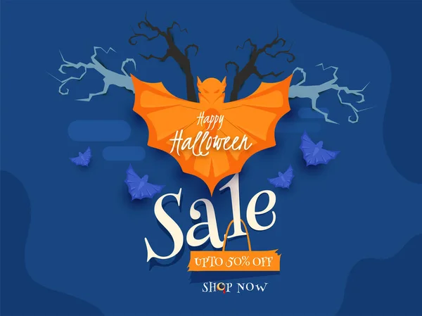 Halloween Sale Poster Design Discount Offer Bats Bare Trees Blue — Stock Vector