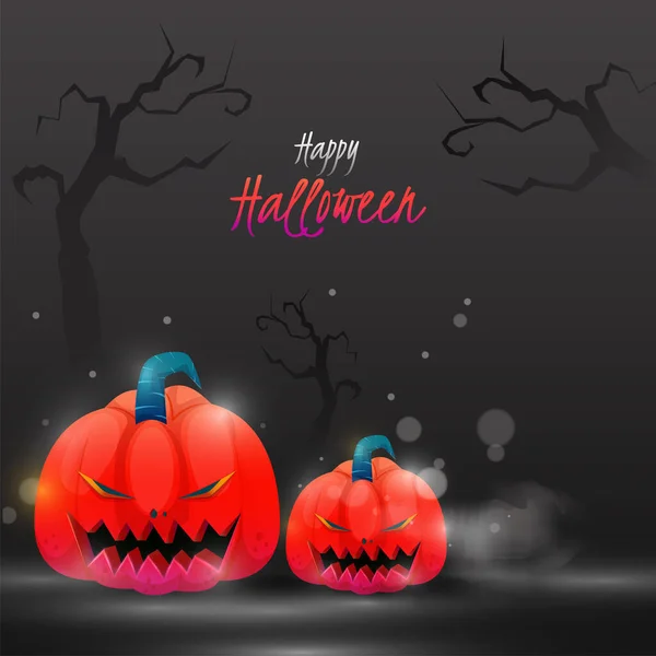 Happy Halloween Poster Design Met Jack Lantaarns Bare Trees Bokeh — Stockvector