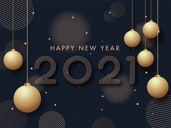 2021 Feliz Ano Novo Texto Com Pendurado Dourado Baubles Listras — Vetor de Stock