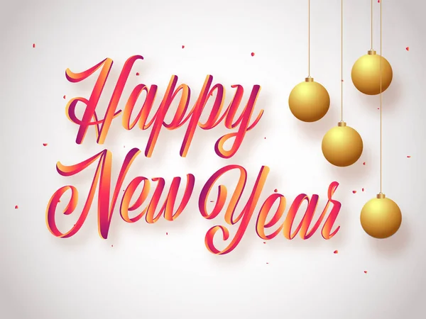 洁白背景上挂着金黄色小包的光彩夺目的新年快乐字体 — 图库矢量图片