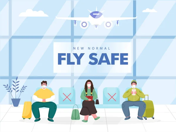 旅客用摩耗保護マスクのイラストコロナウイルス中に空港で社会的距離を維持するシートに座ってください 新しいノーマルフライセーフコンセプト — ストックベクタ