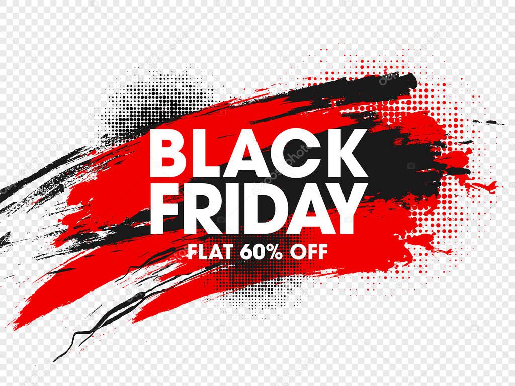 Black Friday Text with 60% Discount Offer and Brush Stroke Halftone Effect on White Background.