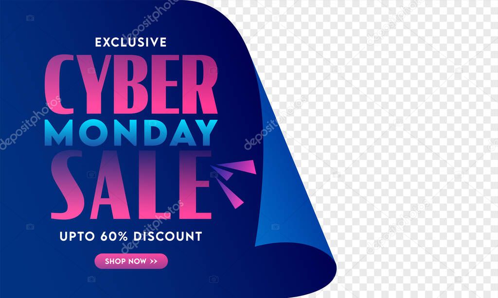 Exclusive Cyber Monday Sale Banner Design with 60% Discount Offer on Blue Curl Paper and Png Background.