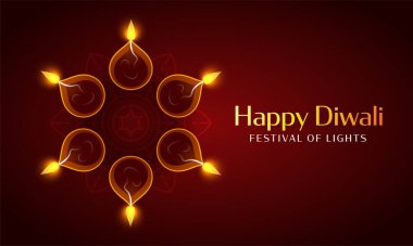 Aydınlatılmış Yağ Lambaları (Diya) 'nın Yuvarlak Kırmızı Arkaplan Üzerinde Mutlu Diwali İçin En İyi Görünümü, Işıklar Festivali.