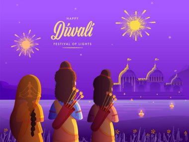 Lord Rama 'nın karısı Sita ve kardeşi Lakshamana' nın Mutlu Diwali Kutlamaları için Dekoratif Ayodhya Geçmişi 'ne bakışı.