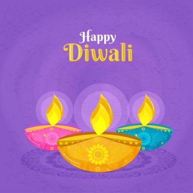 Mor Grunge Arkaplanı Üzerine Aydınlatılmış Yağ Lambaları (Diya) ile Mutlu Diwali Yazı Tipi.