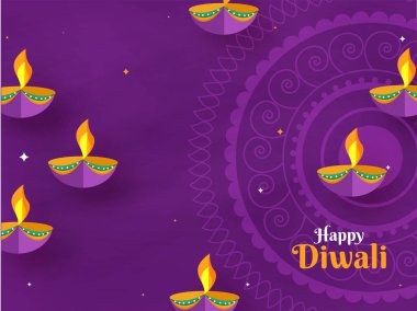 Mor Mandala Desenli Aydınlatılmış Yağ Lambalarıyla Mutlu Diwali Kutlama Posteri Tasarımı.