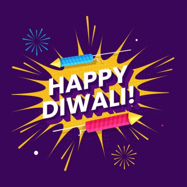 Sarı Patlama Kabarcığı ve Mor Arkaplan Üzerine Havai fişekli 3D Happy Diwali Metni.
