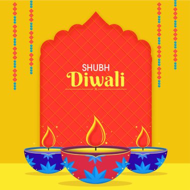 Sarı ve Turuncu Çapraz Çizgiler Arkaplanı Üzerine Işık Yağı Lambaları (Diya) ile Shubh (Happy) Diwali Poster Tasarımı.