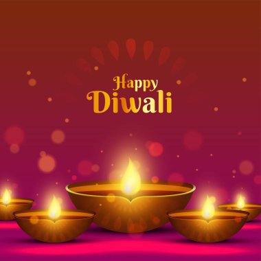 Gerçekçi Yağ Lambaları (Diya) ve Bokeh Kahverengi ve Pembe Arkaplan Efektleriyle Altın Mutlu Diwali Metni.