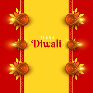 Shubh (Mutlu) Diwali Kutlaması için Kırmızı ve Sarı Arkaplan Üzerine Gerçekçi Işıklı Lambalar (Diya) Görünümü.