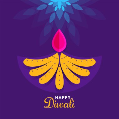 Mutlu Diwali Kutlaması İçin Mor Arkaplan Üzerine Yaratıcı Kağıt Stili Işık Yağı Lambası (Diya).
