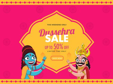 % 50 indirimli Dussehra Poster Tasarımı, Neşeli Lord Rama ve Şeytan Ravana Pembe ve Sarı Mandala Arkaplan Karakteri.