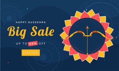 Happy Dussehra Big Sale Banner Design with 60% Discount Offer and Bow Arrow on Blue Mandala Pattern Background. clipart