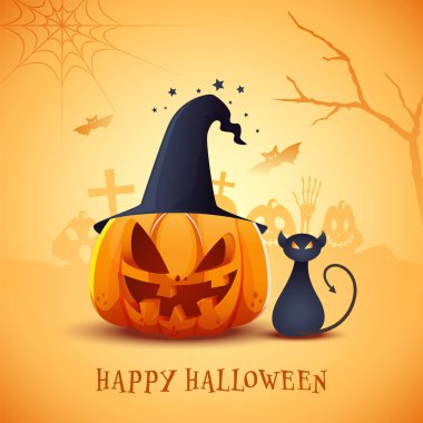 Korkunç Kedi Giyen Cadı Şapkalı Jack-O-Lantern 'in tasviri, Parlak Portakal Mezarlığında Uçan Yarasalar Mutlu Cadılar Bayramı için Arka plan.