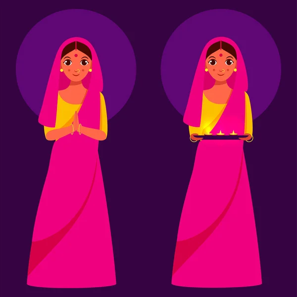 Ilustrace Mladé Ženy Sobě Růžové Saree Dvou Možnostech Fialovém Pozadí — Stockový vektor