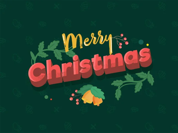 Merry Christmas Text Jingle Bell Berries Leaf Vine Green Background - Stok Vektor