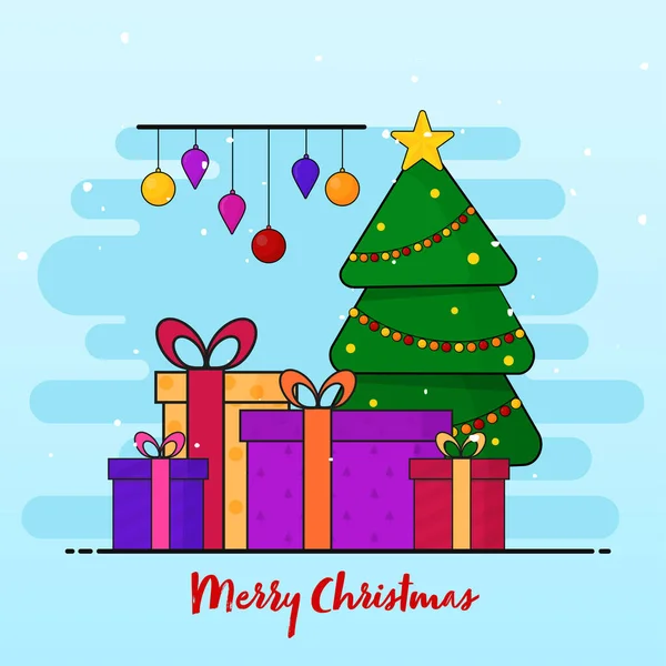 装飾的なクリスマスツリー ギフトボックス スカイブルーの背景にハンギングバブルとメリークリスマスお祝いポスターデザイン — ストックベクタ