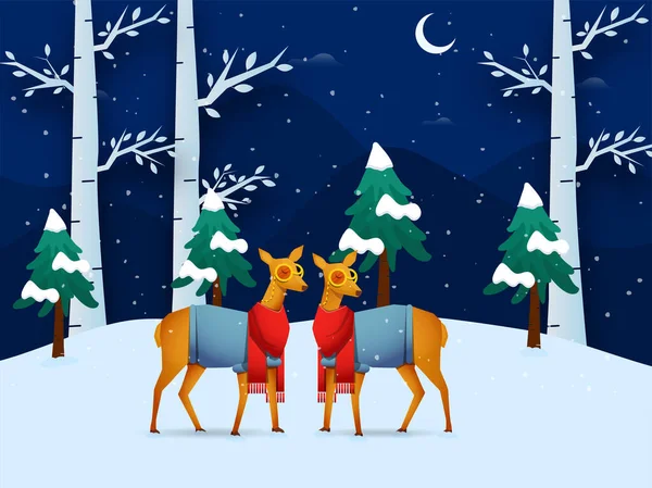 Ilustracja Dwóch Jeleni Rysunkowych Stojących Tle Zimowego Krajobrazu Nocy — Wektor stockowy