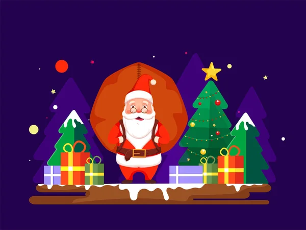Ilustracja Kreskówki Santa Claus Podnoszenie Ciężkiej Torby Pudełek Prezenty Choinki — Wektor stockowy
