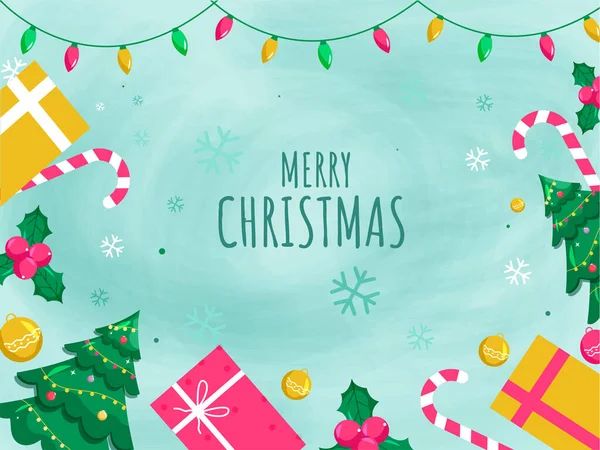 Texto Natal Feliz Com Árvores Natal Caixas Presente Bagas Azevinho — Vetor de Stock
