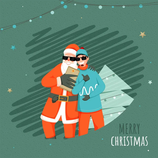 Illustration Cheerful Santa Claus Young Man Taking Selfie Together Smartphone — Stock Vector