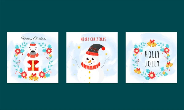 背景に花 ジングルベル 漫画雪だるまとポーラーベアホールディングギフトボックスとメリークリスマスとホリージョリーポスターデザイン — ストックベクタ