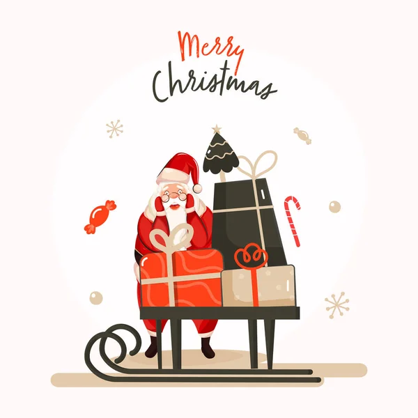 Ilustração Personagem Papai Noel Com Sleigh Cheio Caixas Presente Árvore — Vetor de Stock