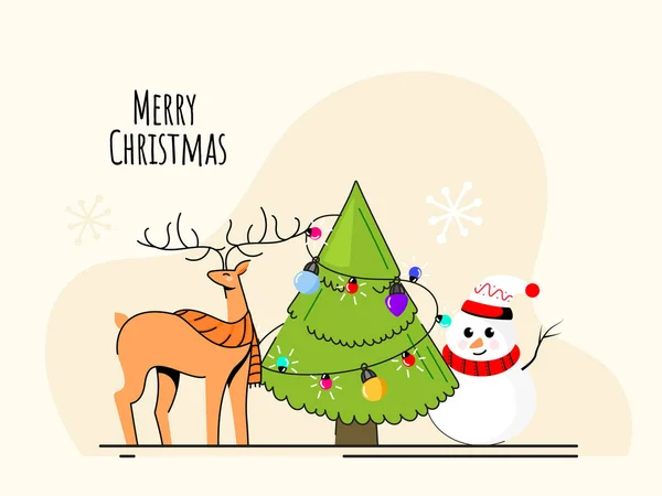 Merry Christmas Celebration Poster Design with Decorative Xmas Tree, Reindeer and Cartoon Snowman on Beige Background.