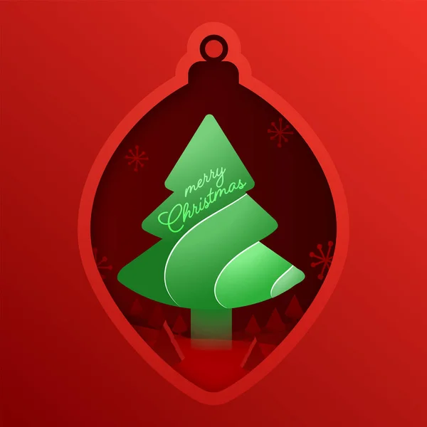 雪片とメリークリスマスのお祝いのための緑のクリスマスツリーと赤い紙カットバウブル形状の背景 — ストックベクタ