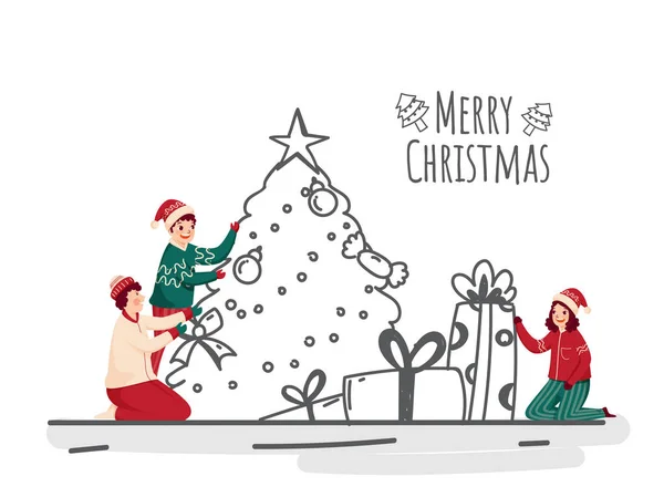 Boldog Karácsonyt Plakát Design Vidám Gyerekek Karakter Doodle Stílus Dekoratív — Stock Vector