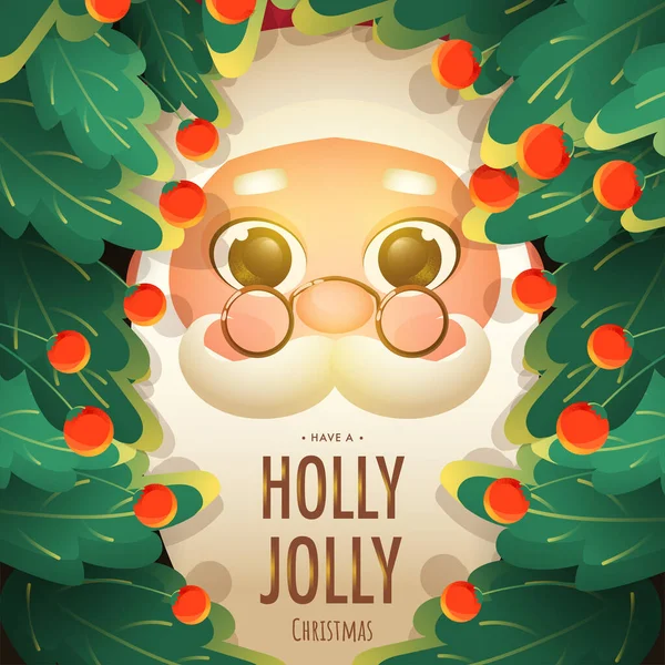 Cartoon Santa Claus Tvář Bobulemi Zelené Listy Zdobené Pozadí Pro — Stockový vektor
