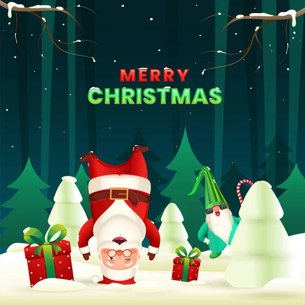 漫画サンタクロースは彼の頭 ノームのキャラクター ギフトボックスと雪のクリスマスツリーで横に立ちますメリークリスマスお祝いのための緑の背景に — ストックベクタ