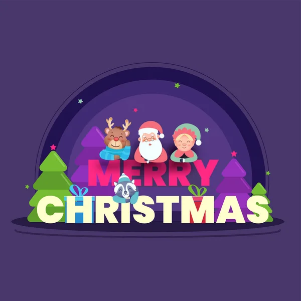 漫画とメリークリスマステキストサンタクロース エルフ トナカイ ラクーンキャラクター ギフトボックスと紫の背景にクリスマスツリー — ストックベクタ