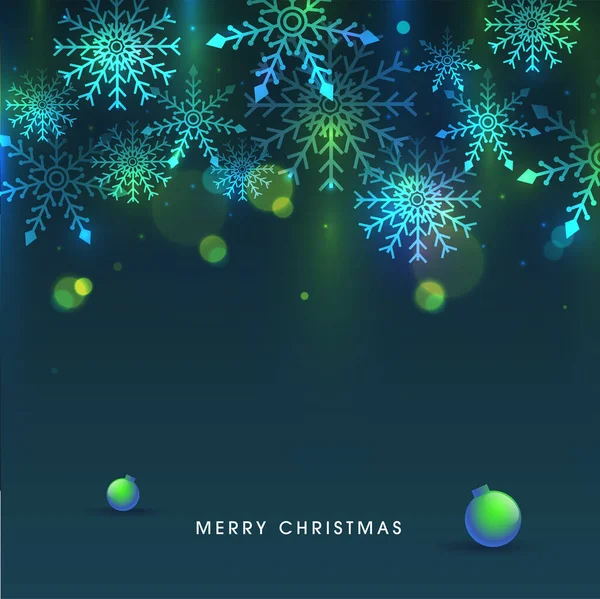 スノーフレーク ボケ効果とメリークリスマスのためのバブルで飾られたティールブルーの背景 — ストックベクタ