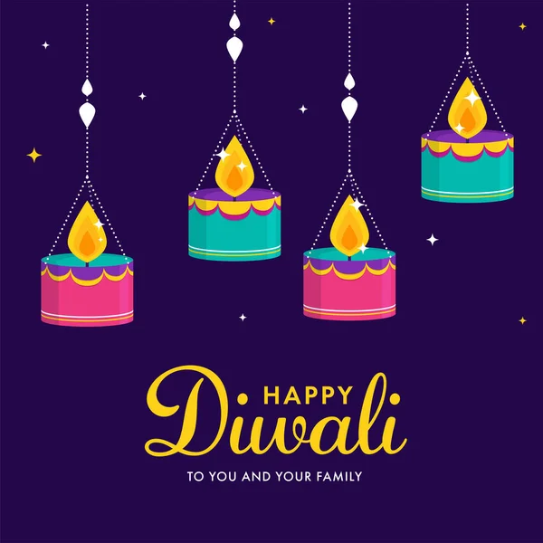 Happy Diwali Wishing Card Poster Design Con Candele Illuminate Appese — Vettoriale Stock