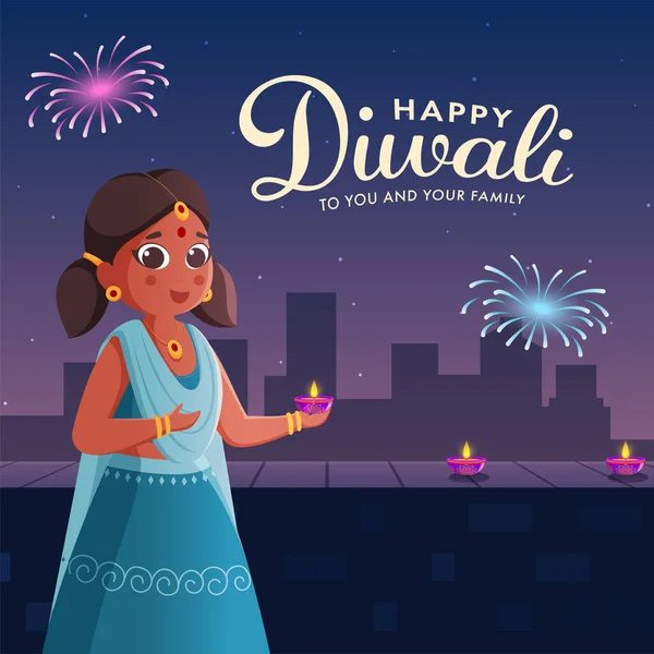 Happy Diwali Feier Hintergrund Mit Illustration Von Mädchen Halten Lit — Stockvektor