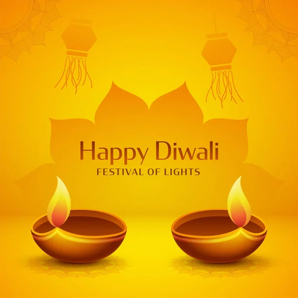 Happy Diwali Celebration Poster Design Illuminated Oil Lamps Сайті Yellow — стоковий вектор