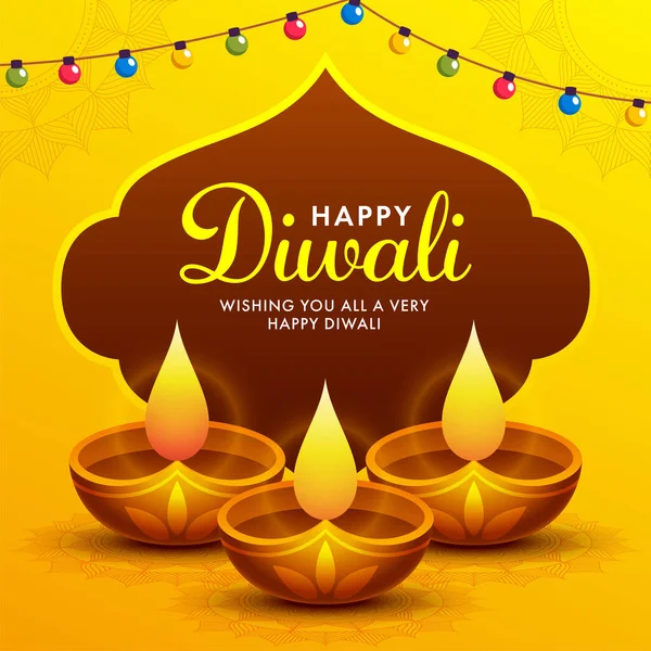 快乐Diwali庆祝卡片或海报设计与发光油灯和黄色和棕色背景的照明花园 — 图库矢量图片