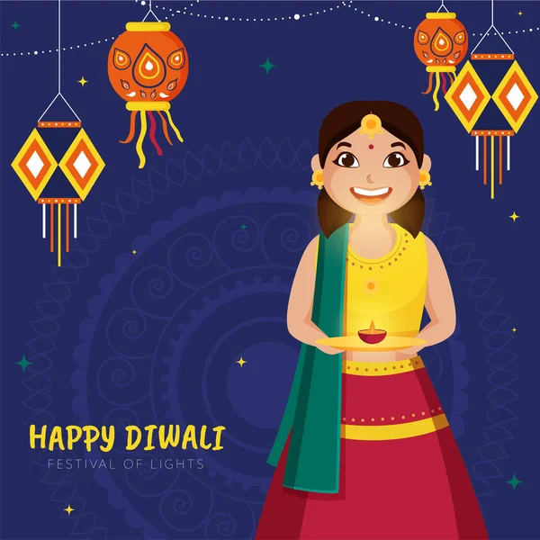 Happy Diwali Celebration Poster Σχεδιασμός Χαρούμενο Κορίτσι Κρατώντας Πλάκα Από — Διανυσματικό Αρχείο