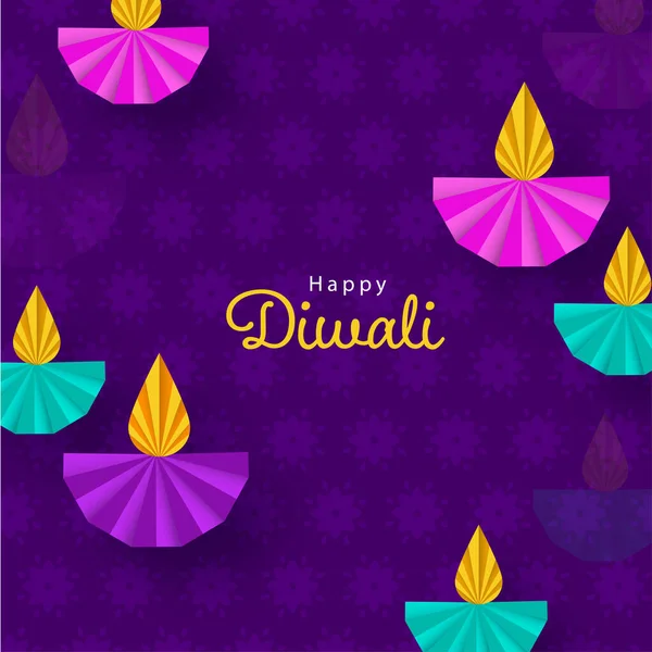Happy Diwali Text Paper Cut Lit Oil Lamps Diya 紫色の花柄の背景に装飾 — ストックベクタ