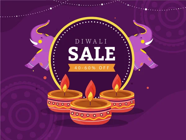 紫色曼陀罗图案背景下40 折扣优惠 发光油灯和两头卡通大象的Diwali销售海报设计 — 图库矢量图片